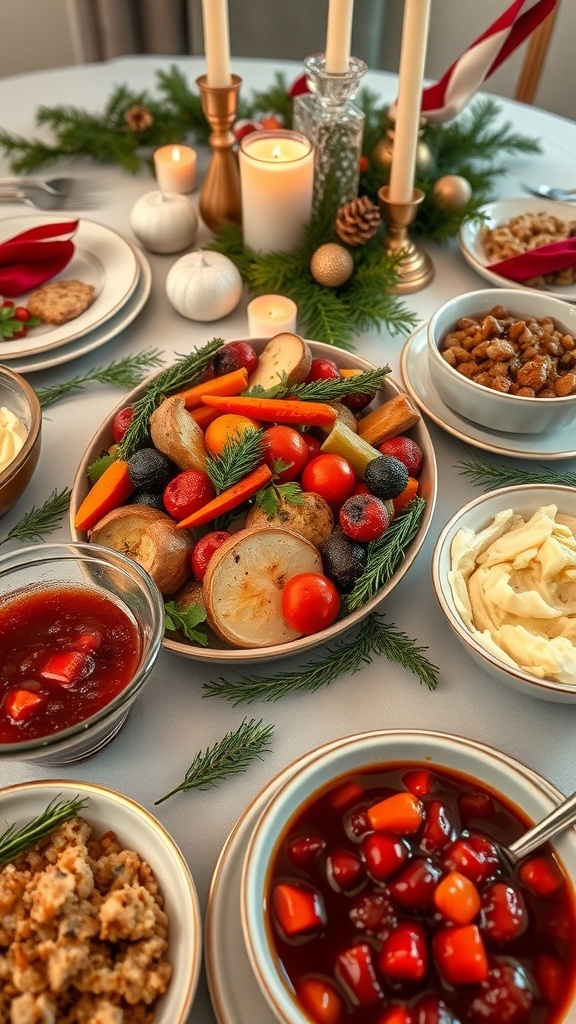 Festive Vegetarian Christmas Dinner A festive vegetarian Christmas dinner with roasted vegetables, mashed potatoes, stuffing, and cranberry sauce on a decorated table.